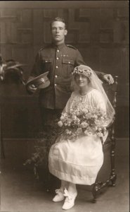 Felixstowe Wedding Portrait Military Officer & Bride RPPC Vintage Postcard