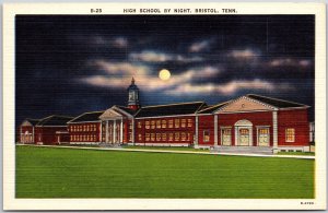 Bristol Tennessee TN, High School by Night, Moonlit & Green Lawn, Postcard