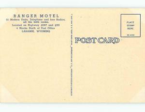 Unused Linen RANGER MOTEL Laramie Wyoming WY u7969