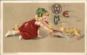 Easter Naught Girl Spills Chicks Water Dish Winsch Embossed c1900s-10s Postcard