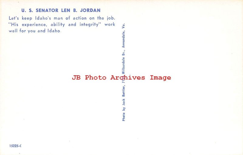 Politcal Advertising Postcard, Len B Jordan Idaho Senator