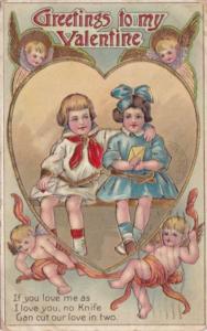 Valentine's Day Angels Watching Young Children Inside Heart 1910