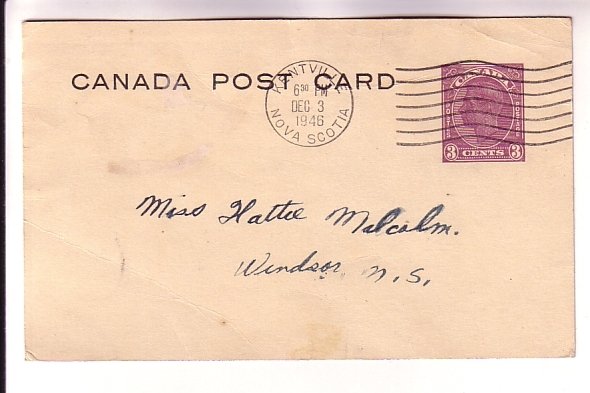 Canadian Postal Stationery George VI 3C Purple, Used 1946 Nova Scotia