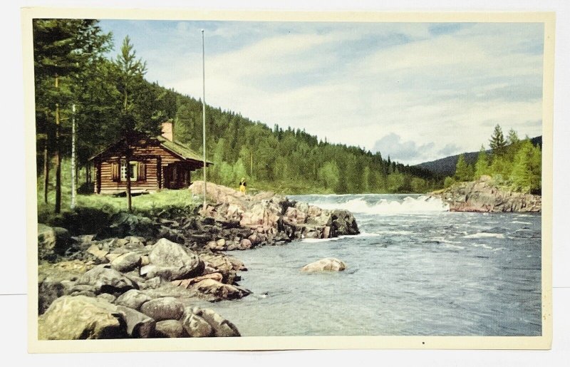 Vintage Postcard German Alvdalen Sweden Cabin Man Fishing River