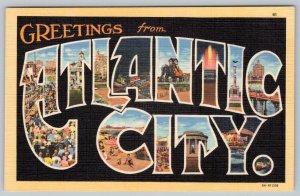 GREETINGS FROM ATLANTIC CITY VINTAGE LARGE LETTER LINEN CURTEICH POSTCARD