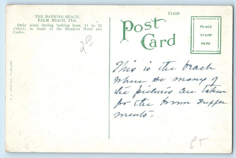 c1920 Palm Beach Florida FL Vintage Postcard Bathing Beach Front Breakers Hotel
