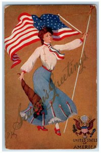 1909 Season's Greetings Woman Cornucopia Flowers Patriotic St. John Postcard 