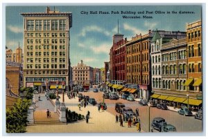 c1940's City Hall Plaza Park Building Post Office Vehicles Worcester MA Postcard