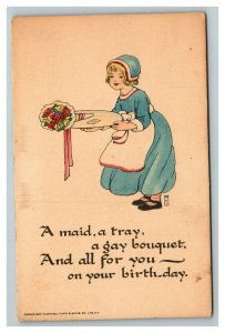 Vintage 1910's Tuck's Birthday Postcard Cute Dutch Girl with Bouquet of Flowers