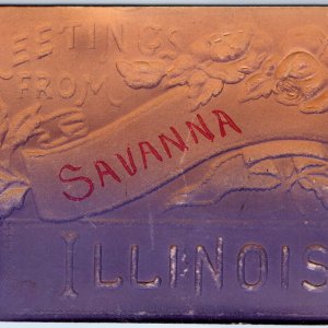 c1910s Savanna, ILL Greetings Town Postcard Mica Glitter Arrival Welcome IL A73