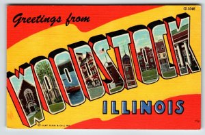 Greetings From Woodstock Illinois Large Letter Postcard Linen Curt Teich 1953