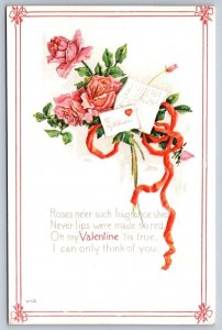 To My Valentine, Rhyme, Red Ribbon, Bouquet, Pink Roses, Vintage Postcard, V-131