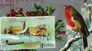 1907-15 Merry Christmas Postcard Song Bird Church Snow Holly Berries Winter 
