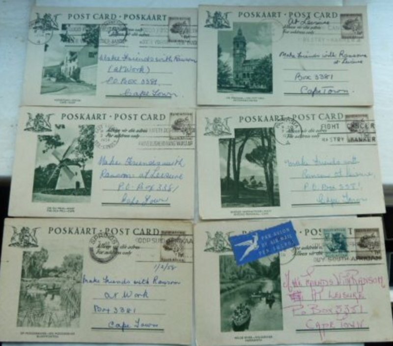 South Africa 1958 six used  Illustrated Stationery Postcards with slogans