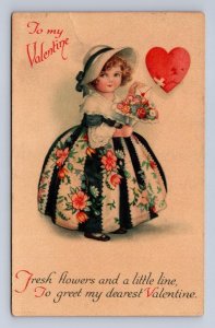 VALENTINE HOLIDAY GIRL IN FANCY DRESS HEART FLOWERS POSTCARD 1926