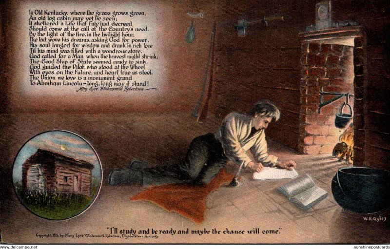 Young Abraham Lincoln Studying In Old Cabin Kentucky Curteich