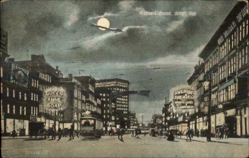Detroit MI Woodward Ave at Night Visible Signs Trolley c1910 Postcard