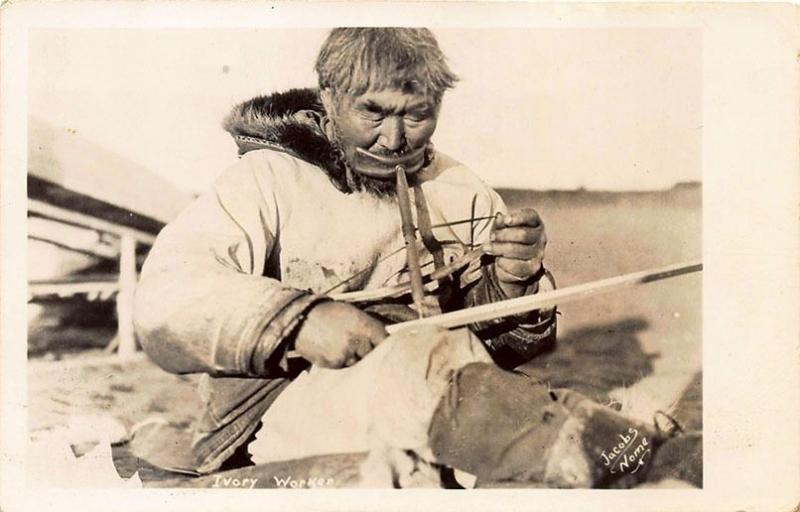 Nome AK Native Working w/ Ivory Signed Jacobs Real Photo Postcard