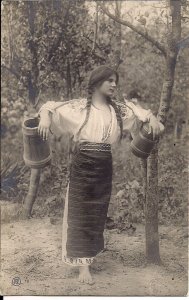 Romania, Beautiful Romanian Woman, Pretty Girl w Buckets, Hair, ca. 1910's