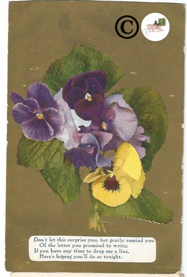 Vintage Postcard Purple and Yellow Pansies on Gold Gild, Pansy flowers