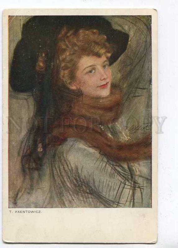 257608 BELLE Lady in BLACK HAT Fur by AXENTOWICZ Vintage PC