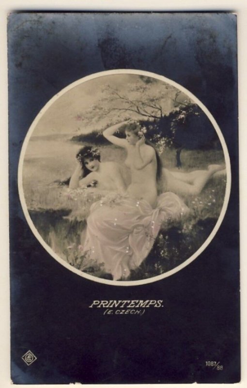 PRINTEMPS - E.Czech - TWO SEMI NUDE WOMEN PUTTING FLOWERS IN THEIR HAIR - RPPC