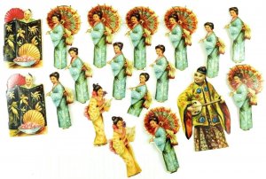1880's-90's Lot of 18 Lovely Die Cut Geisha Girls Umbrella Theater Figures PD59