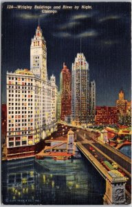 1943 Wrigley Buildings and River by Night Chicago Illinois IL Posted Postcard