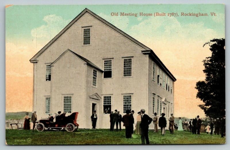 Rockingham Vermont~Old Meeting House b1787~Vintage Car~Folks on Lawn~c1910 