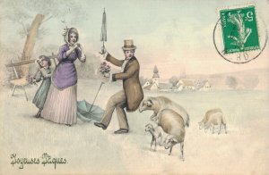 Happy Easter Vienna Style Family Comic Sheep Ram Vintage Postcard 03.34