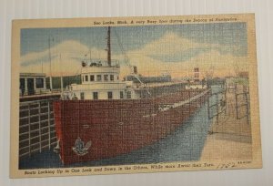 Postcard Soo Locks Michigan 1952  Ships Freighters Boats Linen Unposted 102