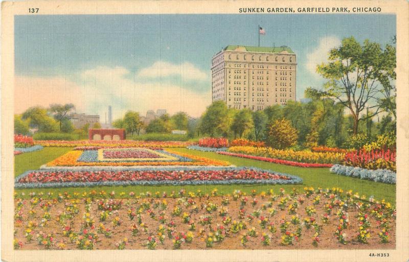 Chicago, Ilinois Garfield Park Sunken Garden 1937 C T Art Linen Postcard #137