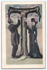 Romance Postcard Large Letter T Flowers c1905 Posted Antique