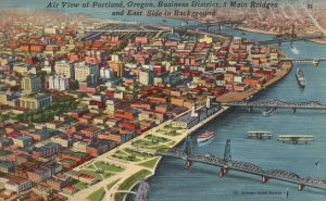 Vintage Postcard Airview Business District Buildings Main Bridge Portland Oregon