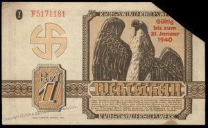 3rd Reich Germany 1940 Winterhilfswerk WHW Donation 1RM Coupon 95112