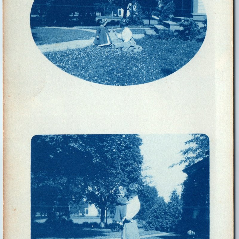 c1910s Adorable Mother & Child Cyanotype RPPC Girl Fun Sun Grass Real Photo A258