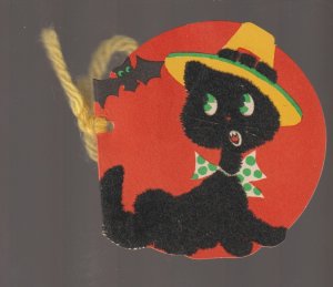 Vintage HALLOWEEN c1940s BRIDGE TALLY BLACK CAT Fuzzy Flocked EX CARPENTIER