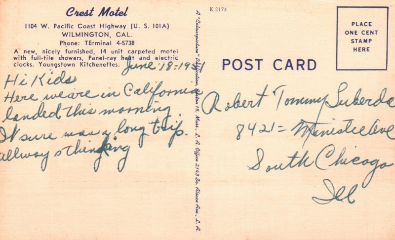 Vintage Postcard 1930's Gateway to Catalina Island Crest Motel Wilmington Cal.