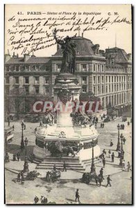 Old Postcard Paris Statue And Place De La Republique Lion