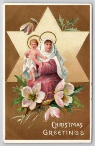 Christmas Greetings Mary and Jesus Golden Finish Postcard Z24