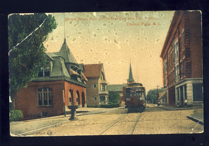 Central Falls, Rhode Island/RI Postcard, Broad Street, Fire Station, Trolley