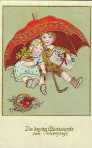 Happy Birthday Brother & Sister under a Umbrella Embossed Vintage Postcard 07.12