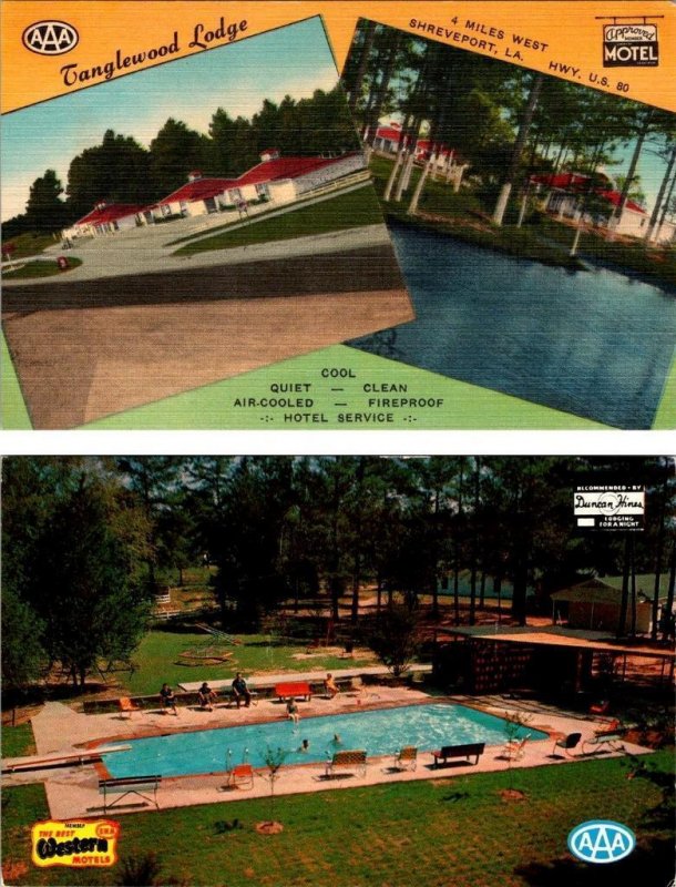 2~Postcards Shreveport LA Louisiana TANGLEWOOD LODGE Roadside Motel LINEN~CHROME