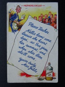 TEACHER THEME - MOTHER EXCUSE, CASTER OIL Comic c1930s Postcard by Bamforth 354