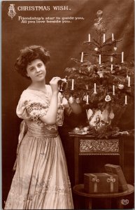 CHRISTMAS POSTCARD PRETTY WOMAN TREE ~ Pub EAS REAL PHOTO RPPC 1910s KO8