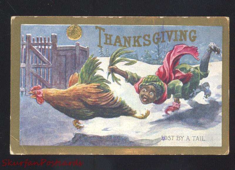 ANTIQUE BLACK AMERICANA NEGRO BOY TURKY THANKSGIVING VINTAGE POSTCARD 1909