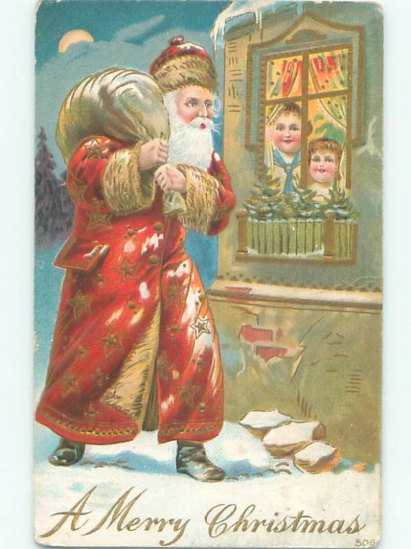 Pre-Linen Christmas LONG ROBE SANTA CLAUS SEES KIDS IN THE WINDOW AB4731