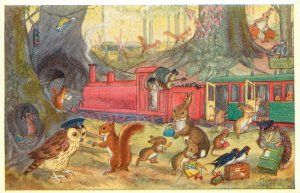 Medici Postcard Pk 297; Molly Brett, Catching the Train, Woodland Animals Embark