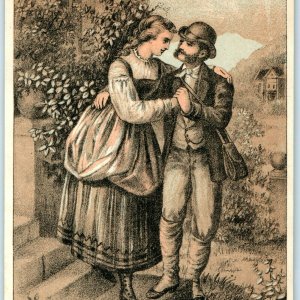 c1880s Lovely Man & Woman Couple Romance Tan Blue Litho Trade Card Dancing C30