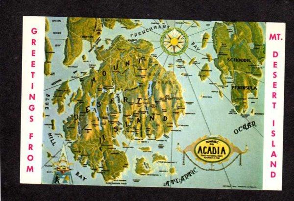 ME Greetings From Mt Desert Island Acadia National Park Map Maine Postcard